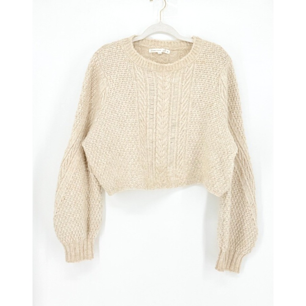 Alter'D State Womens Fisherman Cropped Cable Knit Sweater Ivory Coastal Size XL